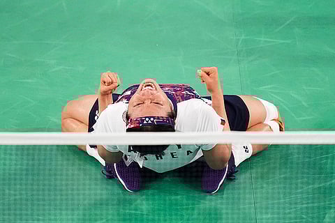 South Korea's An Se-young celebrates during women's singles badminton gold medal match